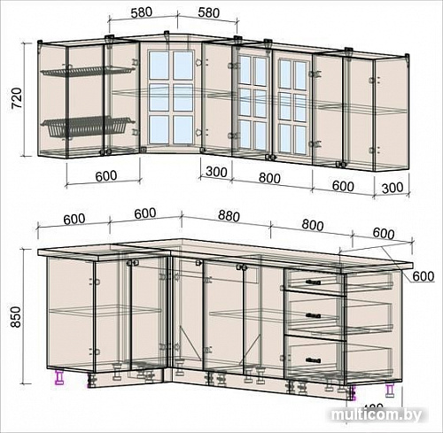 Угловая кухня Интерлиния Мила Деко 1.2x2.3 (белый/кастилло темный)