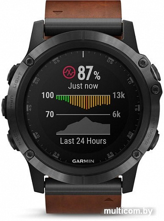 Умные часы Garmin Fenix 5X Plus Sapphire (серый/коричневый кожаный)