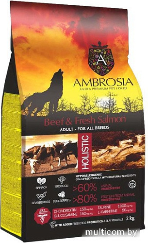 Сухой корм для собак Ambrosia Adult All Breeds Beef & Fresh Salmon (для всех пород с говядиной и лососем) 2 кг