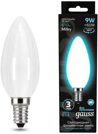Светодиодная лампочка Gauss Filament Свеча 9W 610lm 4100К Е14 milky LED 103201209