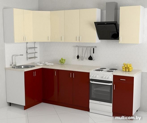 Угловая кухня Хоум Лайн Кристалл 1200х2200 угловой (бургундский глянец/ванильный глянец)