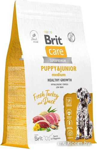 Сухой корм для собак Brit Dog Puppy&Junior Medium Healthy Growth с индейкой и уткой 1.5 кг