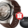 Умные часы Huawei Watch 5 46 мм (титановый, с коричневым силиконовым ремешком, международная версия) + наушники Huawei FreeBuds 6i по акции