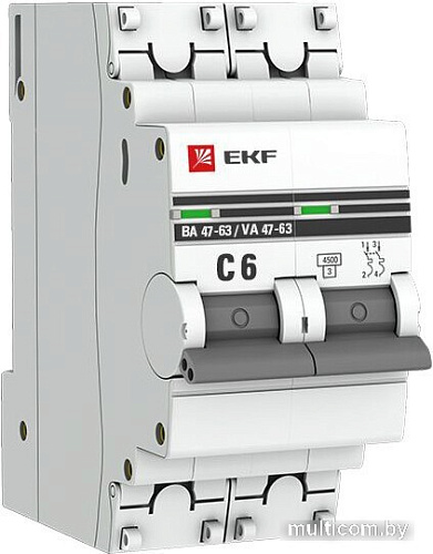 Выключатель автоматический EKF ВА 47-63 2P 6А (C) 4.5kA PROxima mcb4763-2-06C-pro