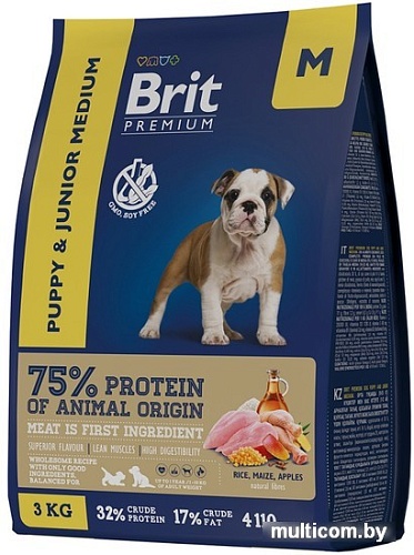 Сухой корм для собак Brit Premium Dog Puppy and Junior Medium курица 3 кг