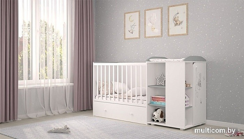 Кроватка-трансформер Polini Kids Ameli 800, Amis, с комодом (белый/серый)
