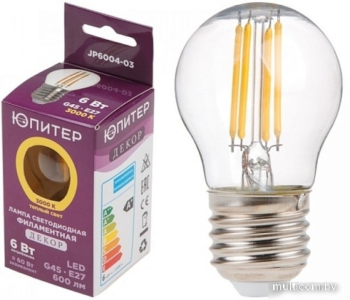 Светодиодная лампа Юпитер G45 E27 6 Вт 3000 К JP6004-03