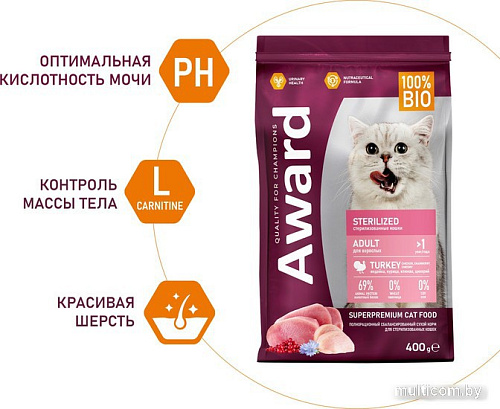 Сухой корм для кошек Award Adult Sterilized (для стерилизованных с индейкой и курицей с добавлением клюквы и цикория) 400 г