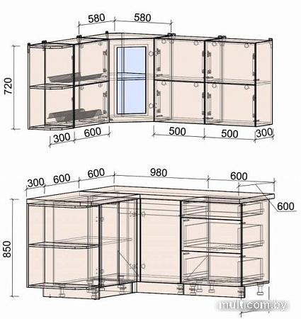 Готовая кухня Интерлиния Мила Матте 1.5x1.6 А правая (слон кость-мята-травертин серый)