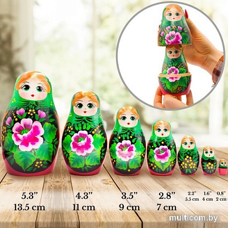 Развивающая игра Брестская Матрешка В зеленом платке и сарафане с розами (набор 7 шт)