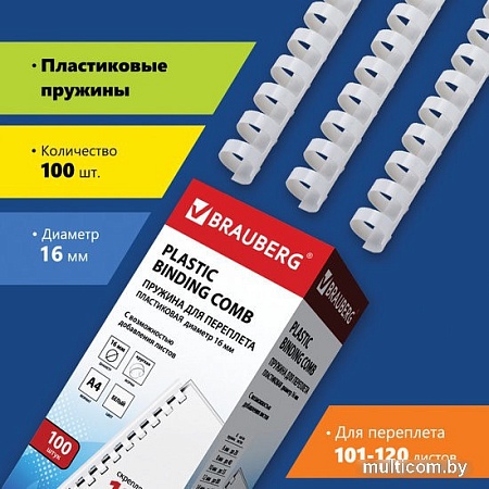 Пластиковая пружина для переплета BRAUBERG A4 16 мм 100 шт 530815 (белый)
