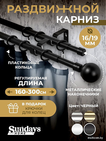 Карниз для штор Sundays Home Сфера Раздвижной 16/19мм 2-х ряд (черный матовый, 1.6-3м)