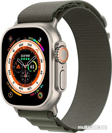 Профессиональные умные часы Apple Watch Ultra LTE 49 мм (титановый корпус, титановый/темно-зеленый, текстильный ремешок размера L)