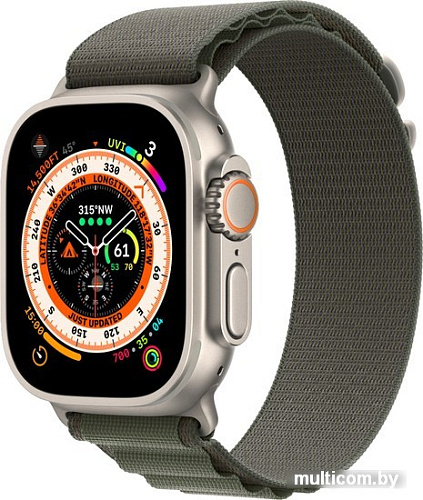 Профессиональные умные часы Apple Watch Ultra LTE 49 мм (титановый корпус, титановый/темно-зеленый, текстильный ремешок размера L)