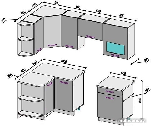 Угловая кухня ВерсоМебель ЭкоЛайт-6 1.2x2.2 левая (белый/глициния)