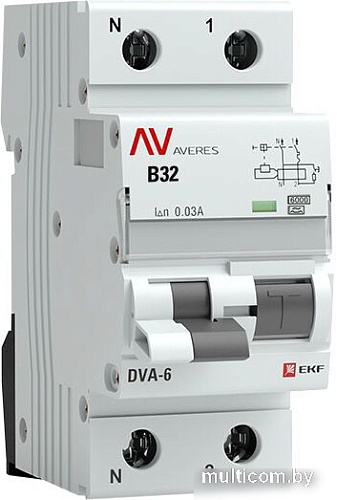 EKF Averes DVA-6 2P 32А 30мА (B) 6кА тип A rcbo6-1pn-32B-30-a-av