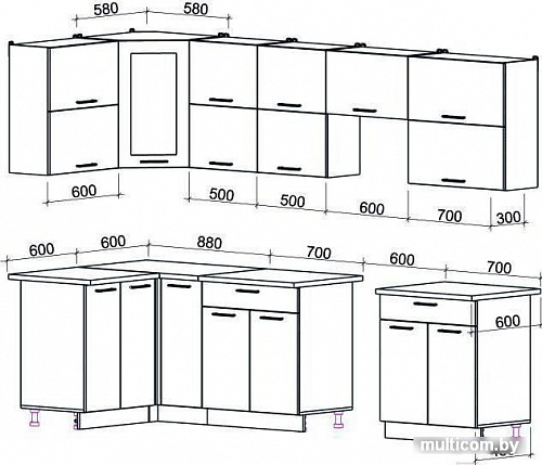 Угловая кухня Интерлиния Мила Gloss 60-12x29 (бордовый/черный глянец)