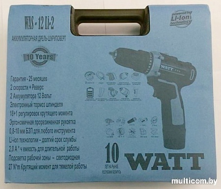 Дрель-шуруповерт WATT WAS-12 Li-2 101202712 (с 2мя АКБ)