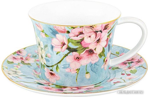 Чашка с блюдцем Elan Gallery Яблоневый цвет на голубом 420439
