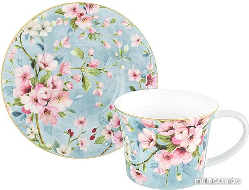 Чашка с блюдцем Elan Gallery Яблоневый цвет на голубом 420439