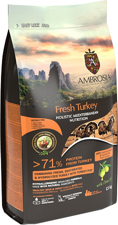 Сухой корм для собак Ambrosia Mediterranean Adult, Senior & Sterilized All Breeds Fresh Turkey (для стерилизованных со свежей индейкой) 1.5 кг
