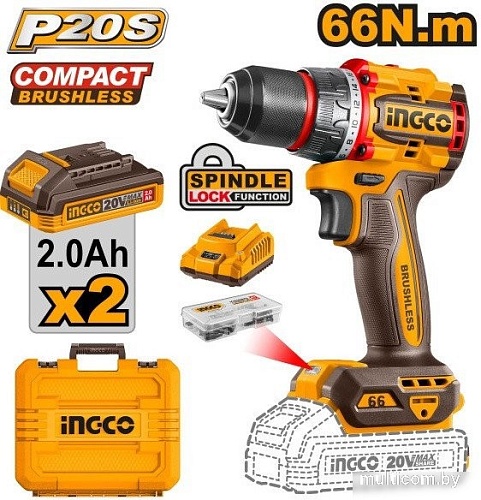 Дрель-шуруповерт Ingco CDLI20668 (с 2-мя АКБ, кейс)