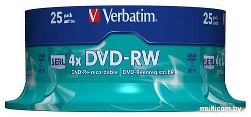 DVD+RW диск Verbatim 4.7Gb 4x Verbatim DLP Silver по 25 шт. CakeBox 43639