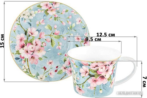 Чашка с блюдцем Elan Gallery Яблоневый цвет на голубом 420439
