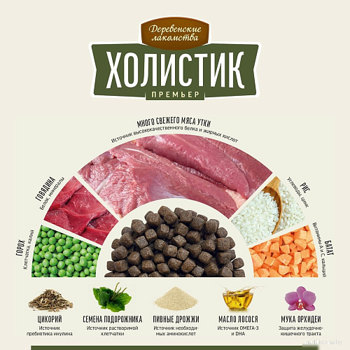 Сухой корм для собак Деревенские лакомства Холистик Премьер. Утка с рисом 2 кг
