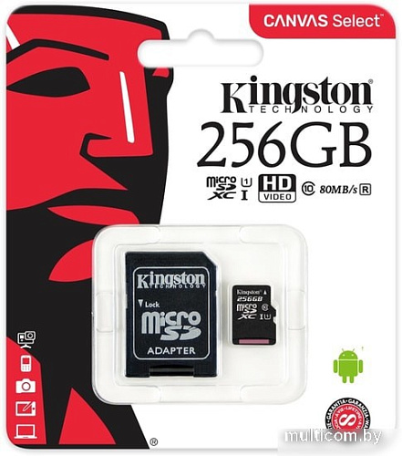 Карта памяти Kingston Canvas Select SDCS/256GB microSDXC 256GB (с адаптером)