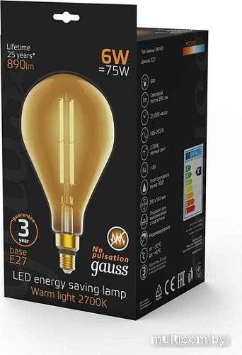 Светодиодная лампочка Gauss Filament PS160 E27 6W 890lm 2700K golden straight 179802118