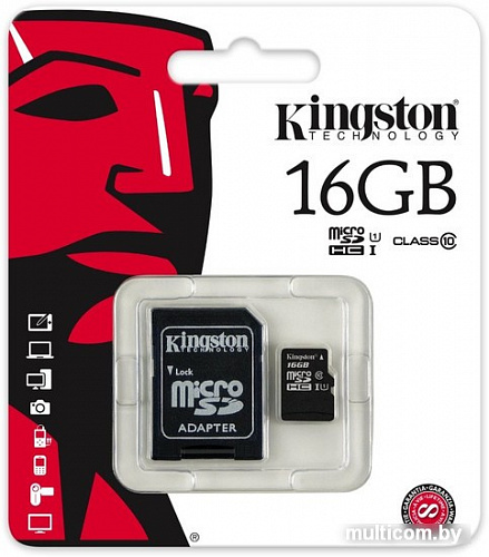 Карта памяти Kingston microSDHC (Class 10) U1 16GB + адаптер [SDCIT/16GB]