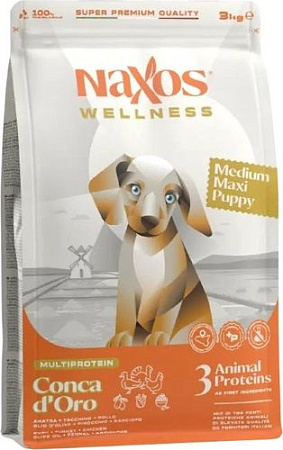 Сухой корм для собак Adragna Naxos Wellness Medium Maxi Puppy утка, курица и индейка 3 кг