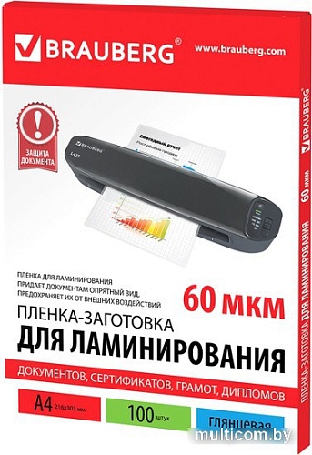 Пленка для ламинирования BRAUBERG глянцевая A4 60 мкм 100 шт 531452