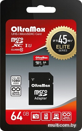 Карта памяти Oltramax Elite OM064GCSDXC10UHS-1-ElU1 microSDXC 64GB (с адаптером)