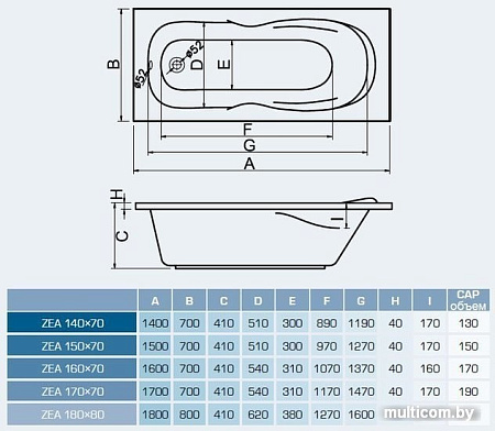 Ванна Bonito Home Zea 150x70 (с ножками)