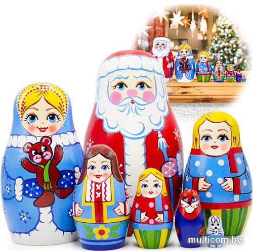 Развивающая игрушка Брестская Матрешка Рождественские Матрешки: Дед Мороз, Снегурочка и дети (набор 7 шт)