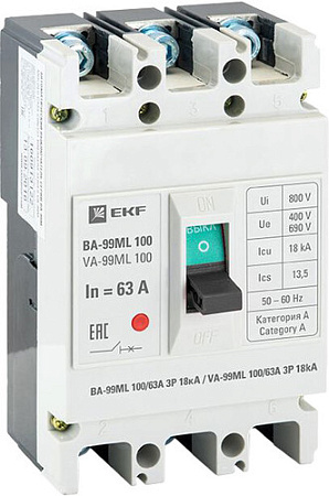 Выключатель автоматический EKF Basic ВА-99МL 100 63А 3P mccb99-100-63mi