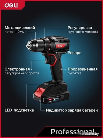 Ударная дрель-шуруповерт Deli DE-CZ20-2D2 (с 2-мя АКБ, сумка)
