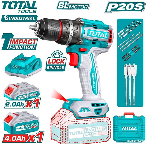 Ударная дрель-шуруповерт Total TIDLI20868 (с 2-мя АКБ, кейс)