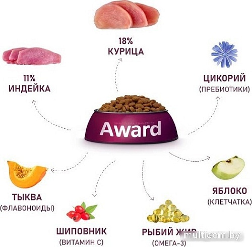 Сухой корм для собак Award Adult Large для крупных пород с курицей, индейкой с добавлением тыквы и шиповника 2 кг