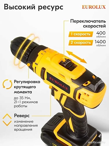 Дрель-шуруповерт Eurolux ДА-18DU-2 900/72/14/65 (с 2-мя АКБ, кейс)