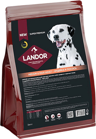 Сухой корм для собак Landor Medium & Maxi Adult для взрослых cредних и крупных пород c индейкой и лососем 3 кг