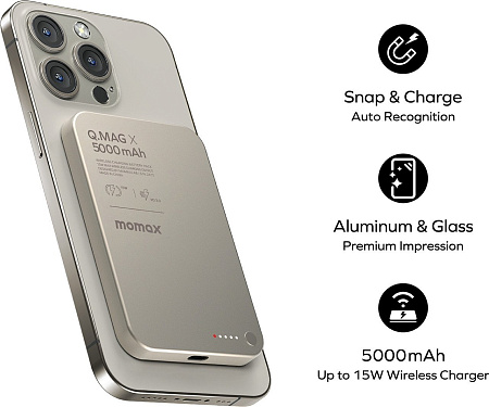 Внешний аккумулятор Momax Q.Mag X Magnetic IP116A 5000mAh (титановый)