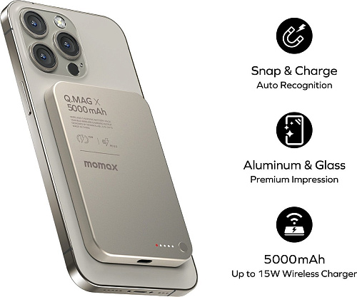 Внешний аккумулятор Momax Q.Mag X Magnetic IP116A 5000mAh (титановый)