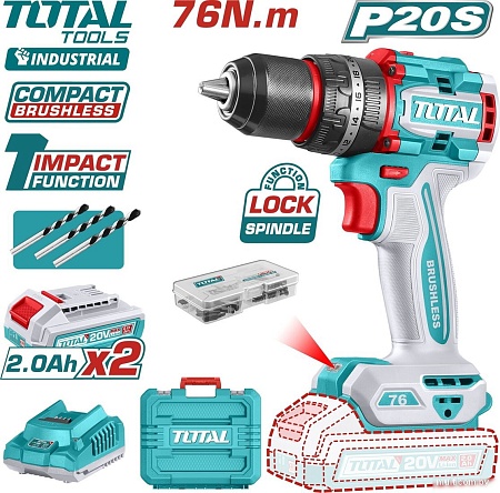 Ударная дрель-шуруповерт Total TIDLI20768 (с 2-мя АКБ, кейс)
