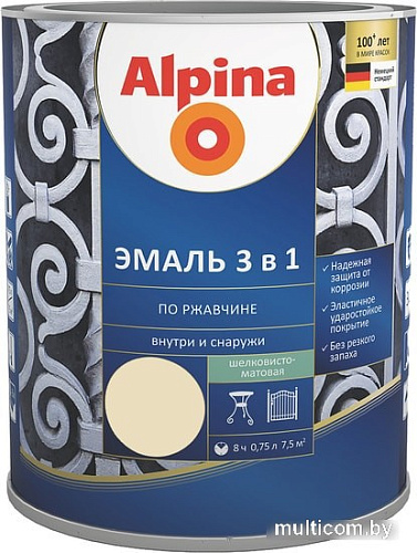 Эмаль Alpina Эмаль 3 в 1 по ржавчине (слонов. кость, шелковисто-мат., 0.75 л)