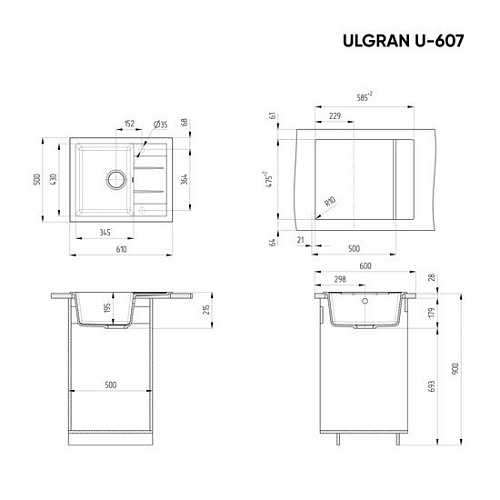 Кухонная мойка Ulgran U-607 (ультра-черный)
