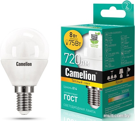 Светодиодная лампочка Camelion LED8-G45/830/E14