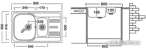 Кухонная мойка Ukinox Гранд GRL800.500 15GT8K O-- (с сифоном)